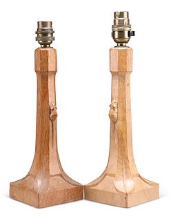 ROBERT THOMPSON, TWO MOUSEMAN OAK TABLE LAMPS, each with oc