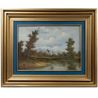 LARSON. Vista de paisaje con lago. Óleo sobre tela.  Enmarcado. 49 x 69 cm