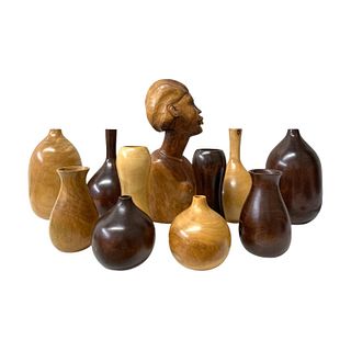 Lot of 10 Art Wood Vases and 1 Sculpture