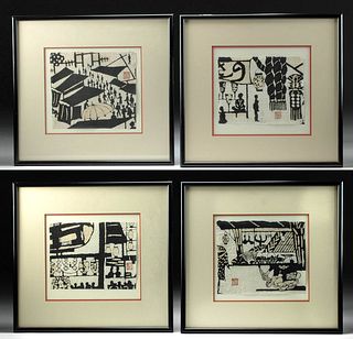 4 Framed Mid-20th C. Yoshitoshi Mori Woodblocks
