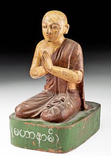 19th C. Burmese Wood & Polychrome Buddhist Monk