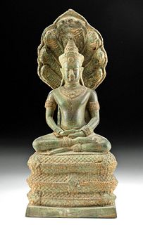 Early 20th C. Thai Brass Naga & Buddha, ex-Museum