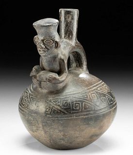 Chimu Blackware Stirrup Vessel w/ Figure, ex-Museum