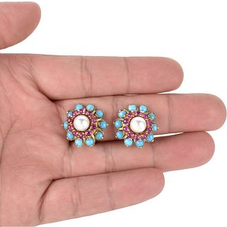 Ruby, Pearl, Turquoise and 18K Earrings