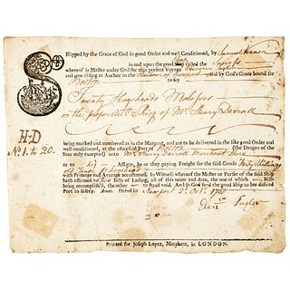 1750 Newport, RI. Ships Bill of Lading Samuel Vernon, an African Slave Shipper