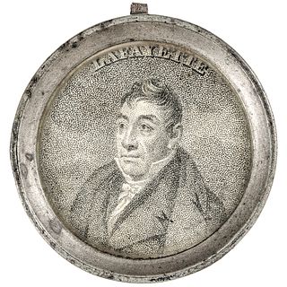 c. 1824 Lafayettes Visit to America, Pewter Rim, Printed Portrait Hand-Mirror  