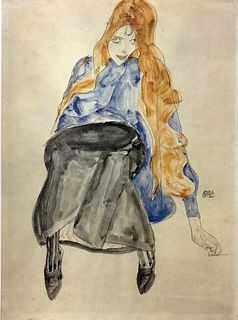 Egon Schiele (After) - Long blonde hair girl sitting