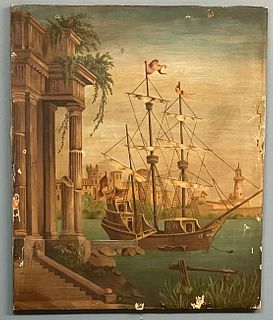 Old Painting of Ship at Ruins Unsigned