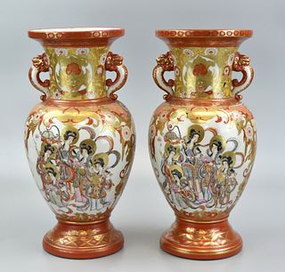 Pair of Japanese Kutani Vases w/ Deities, Meiji P.