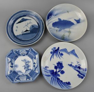 (4) Small Blue & White Japanese Plates,19-20th C.