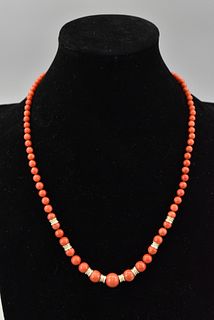 Chinese Coral Bead Necklace w/ Diamond
