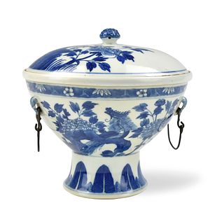 Chinese Blue & White Covered Stem Bowl, 19th C.