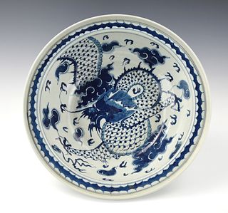 Large Chinese Blue & White 'Dragon' Basin,19th C.
