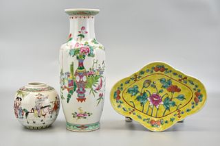 Chinese Famille Rose Vase, Jar& Stem Plate, 19th C