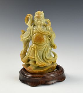 Chinese Jadeite Figure of Guan Gong w/ Wood Stand