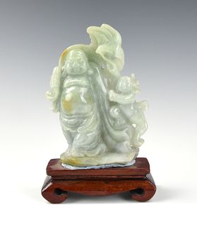 Chinese Jadeite Buddha & Child On Wood Stand
