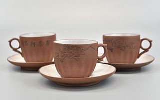 Three Set Chinese Zisha Tea Cups & Saucers
