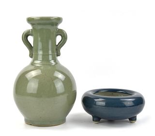 Chinese Celadon Glazed Vase & Blue Glazed Censer
