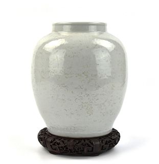 Chinese White Glazed Jar & Wood Stand