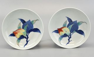 Pair of Japanese Blue Famille Rose Peach Plates