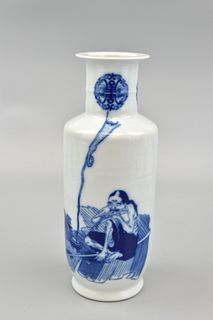 Chinese Blue & White Rouleau Vase w/ Figure