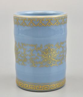 Chinese Gilt Blue Glazed Brushpot, ROC Period