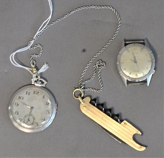 Hamilton Electric Wristwatch Locket, Ulysse Nardin 10% platinum 19 jewel pocket watch having chain having 14 karat ends and knife and cork screw.