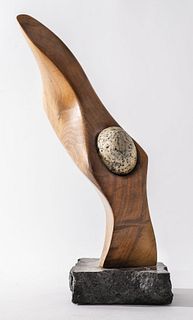 Modern Abstract Freeform Wood & Stone Sculpture