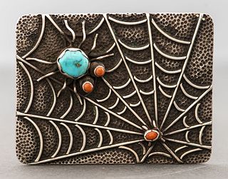 Navajo Spider Web Turquoise & Coral Belt Buckle