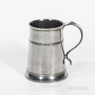 Nathaniel Austin Pewter Quart Mug, Charlestown, Massachusetts, late 18th/early 19th century, tapering cylindrical body with high band,
