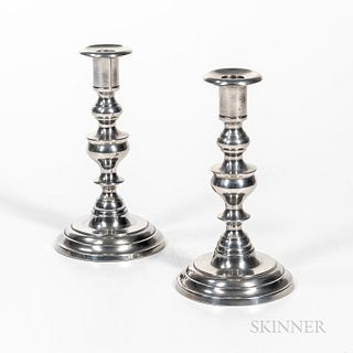 Pair of James Weekes Pewter Candlesticks, New York City and Poughkeepsie, New York, early 19th century, straight socket with wide drip-