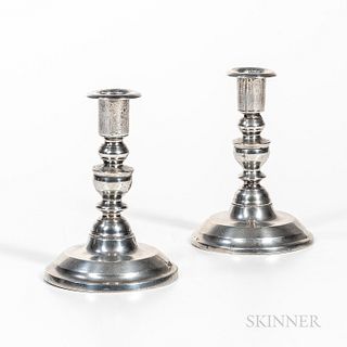 Pair of Rufus Dunham Pewter Candlesticks, Westbrook, Maine, mid-19th century, straight socket on a knopped stem and round base, marked