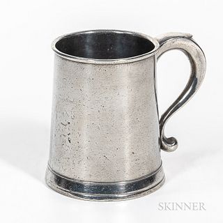 Joseph Danforth Pewter Pint Mug, Middletown, Connecticut, late 18th century, tapering cylindrical body with molded base and scroll hand