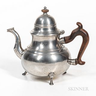 Pear-shape Pewter Teapot, John Townsend, London, late 18th century, on three feet, wooden scroll handle, faceted spout, stepped lid, wi