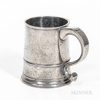 William Kirby Pewter Pint Mug, New York, New York, late 18th century, tapering cylindrical body with low band, molded base, and scroll