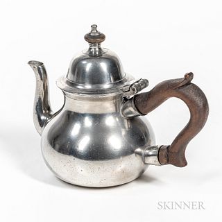 Pear-shape Pewter Teapot, Robert Bush Sr., Bristol, England, late 18th century, wooden scroll handle with domed lid, with Bush's mark o
