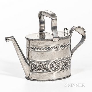 Pewter Watering Can, England, 19th century, oval body, two bands of engraved decoration, romantic monogram on lid, marked "SF" on botto