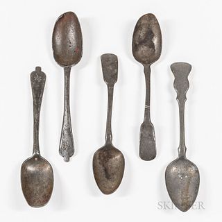 Five Early Pewter Spoons, 18th/19th century, two "dog nose"-handle spoons with case initials "IL," two fiddle-handle spoons marked "J.