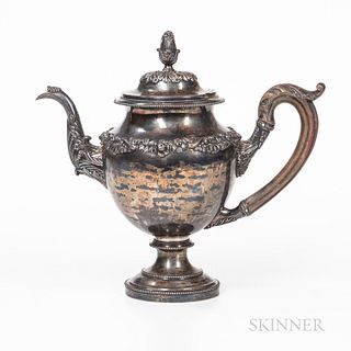 Silver Presentation Coffeepot, Harvey Lewis, Philadelphia, Pennsylvania, c. 1822, urn-form body with applied floral decoration molded s