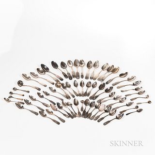Approximately Sixty Coin Silver Spoons, Northeastern United States, 19th century, including thirteen serving spoons, six tablespoons, t