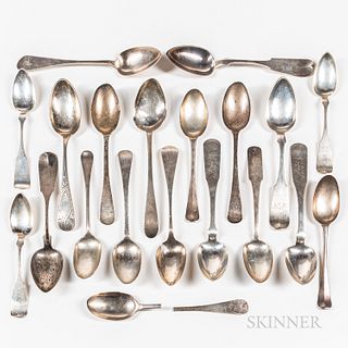 Twenty Silver Tablespoons, America, 18th/19th century, makers include "PL," "JH," A.R. Feder, C. Rumsey, "R*M," B. Cleveland, H. Robins
