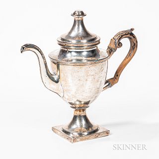 Silver Urn-form Coffeepot, probably America, early 19th century, unmarked, with bead decoration, carved handle, and square base, the fr