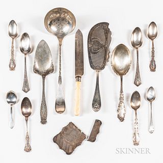 Eight Sterling Silver Spoons, a Sterling Card Case, and Five Silver-plated Items, 19th/early 20th century, a silver-plated fish knife,