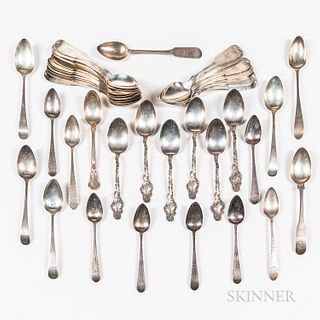 Thirty-seven Silver Teaspoons, America, late 18th/19th century, sixteen by S. & E. Roberts, two by S. Coleman, one by A. Reeder, four b