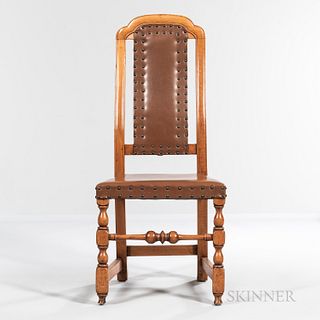 Maple Crooked-back Side Chair, Massachusetts, c. 1730-50, the shaped crest continuing to stiles flanking the tacked leather-upholstered
