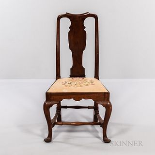 Queen Anne Walnut Side Chair, probably Massachusetts, c. 1740-60, the spooned crest rail above a shaped splat and stiles, and trapezoid