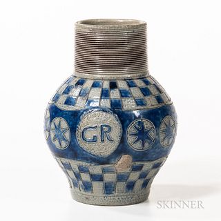 Westerwald "GR" Cobalt- and Manganese-decorated Stoneware Jug, Germany, mid-18th century, bulbous body with molded crown "GR" medallion