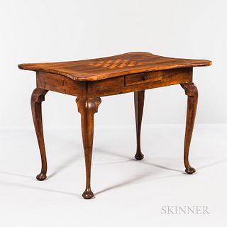 Queen Anne Fruitwood Games Table, late 18th/early 19th century, the overhanging serpentine top with inlaid checkerboard on a straight a