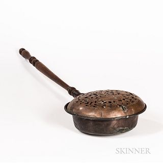 Early Pierced and Engraved Copper Bedwarmer, probably late 18th century, with turned wooden handle, overall lg. 43 in.