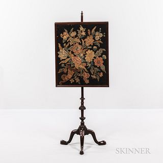 Chippendale Carved Mahogany Pole Screen, probably England, late 18th century, the turned finial above an adjustable floral needlework s